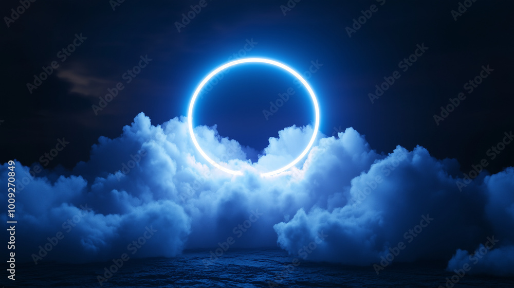 Naklejka premium Na ciemnym, nocnym niebie widnieje abstrakcyjna chmura, oświetlona intensywnym neonowym pierścieniem.