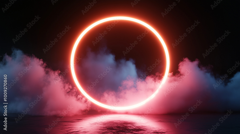 Fototapeta premium Na ciemnym, nocnym niebie widnieje abstrakcyjna chmura, oświetlona intensywnym neonowym pierścieniem.