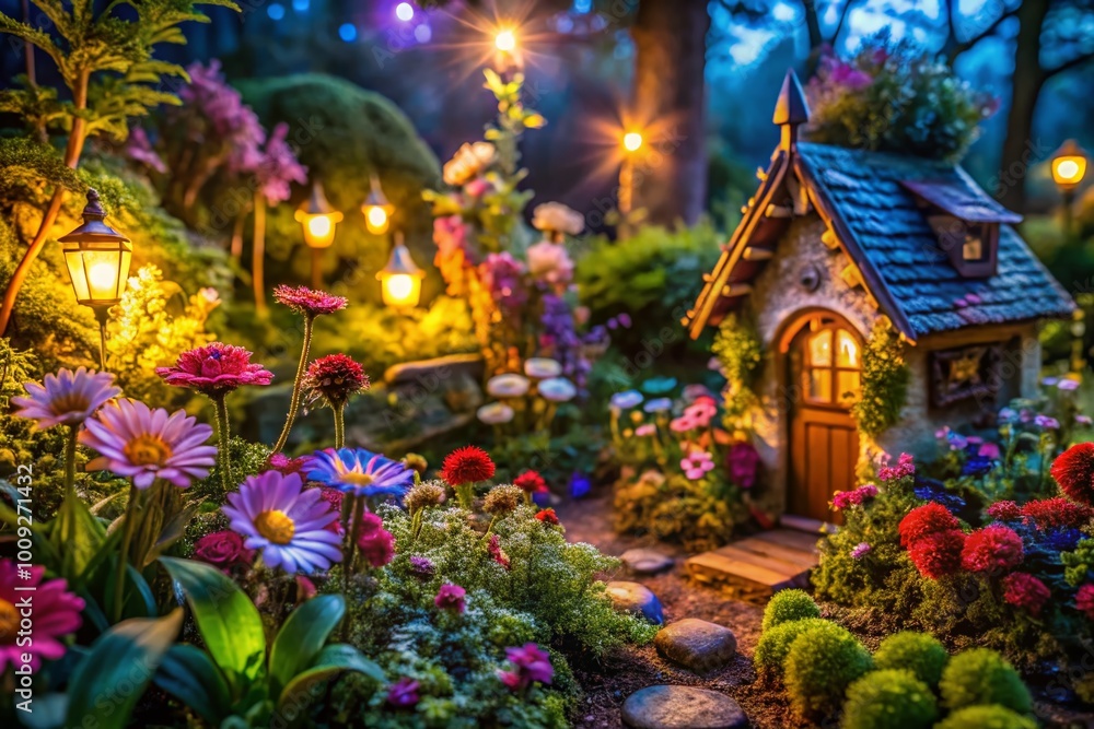 Fototapeta premium Enchanting Fairy Garden with Colorful Flowers, Whimsical Decor, and Magical Atmosphere in Nature