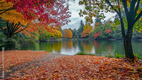 Malowniczy jesienny krajobraz parku emanuje ciepłem i kolorami, które zachwycają każdego odwiedzającego.  © Sawyer0