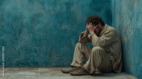 Melancholic Despair Close-Up of Despondent Man in Teal Room, Loneliness and Isolation Concept