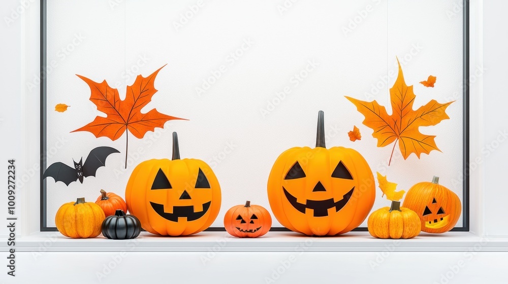 Festive Halloween display with smiling pumpkins and autumn leaves Festive Halloween display with smiling pumpkins and autumn leaves