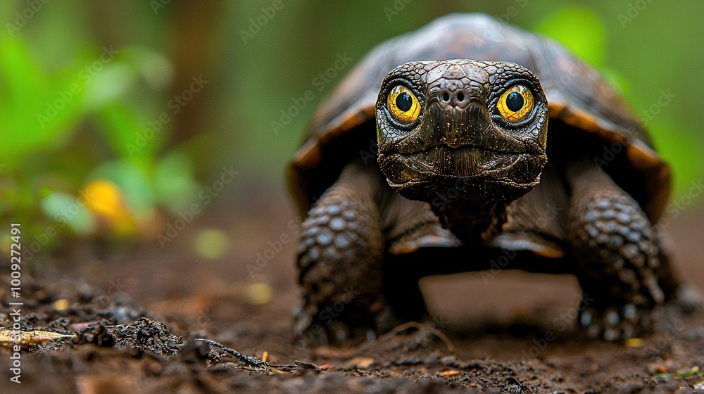 A close-up of a tortoise on dirt, surrounded by trees and bushes A close-up of a tortoise on dirt, surrounded by trees and bushes