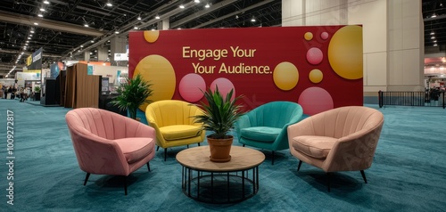 Vibrant Plush Chairs Ensemble in Convention Center Colorful Seating Area with Bold Red Wall, Festive Circles, and Engaging Signage - Marketing and Interior Design Concept
