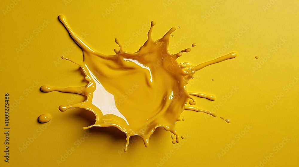 Yellow liquid splashes brightly onto white plate, droplet emerging from surface Yellow liquid splashes brightly onto white plate, droplet emerging from surface