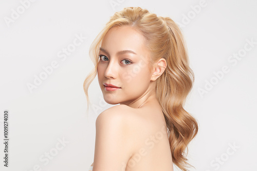 Beautiful young asian woman with clean fresh skin on white background, Face care, Facial treatment, Cosmetology, beauty and spa, Asian women portrait.