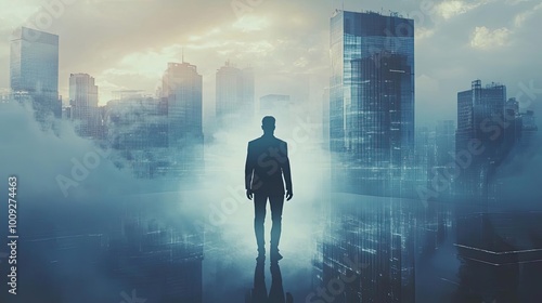 ethereal silhouette of visionary entrepreneur merging with futuristic cityscape photo