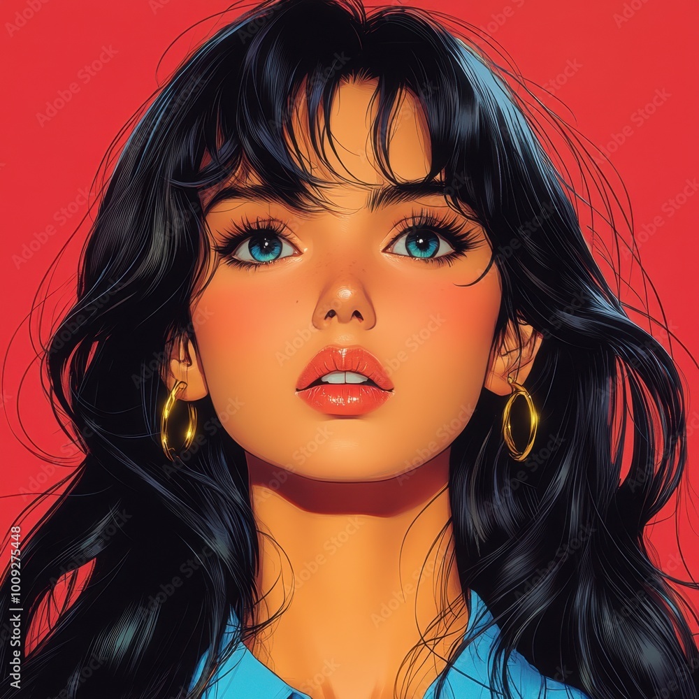 Create a 2D anime-style illustration of a young woman with long black hair and large expressive eyes. The character’s design features bold and thick outlines with a classic 1980s anime aesthetic. Create a 2D anime-style illustration of a young woman with long black hair and large expressive eyes. The character’s design features bold and thick outlines with a classic 1980s anime aesthetic.
