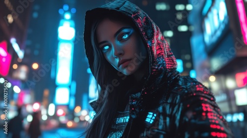 A futuristic woman in a hoodie stands in a neon-lit urban environment at night.