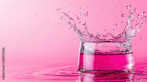  A pink liquid spills from a glass onto a pink-filled water container against a pink backdrop