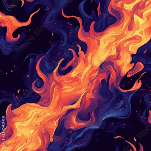 Vibrant abstract design featuring dynamic flames in orange and blue swirling against a dark background, perfect for creative projects.