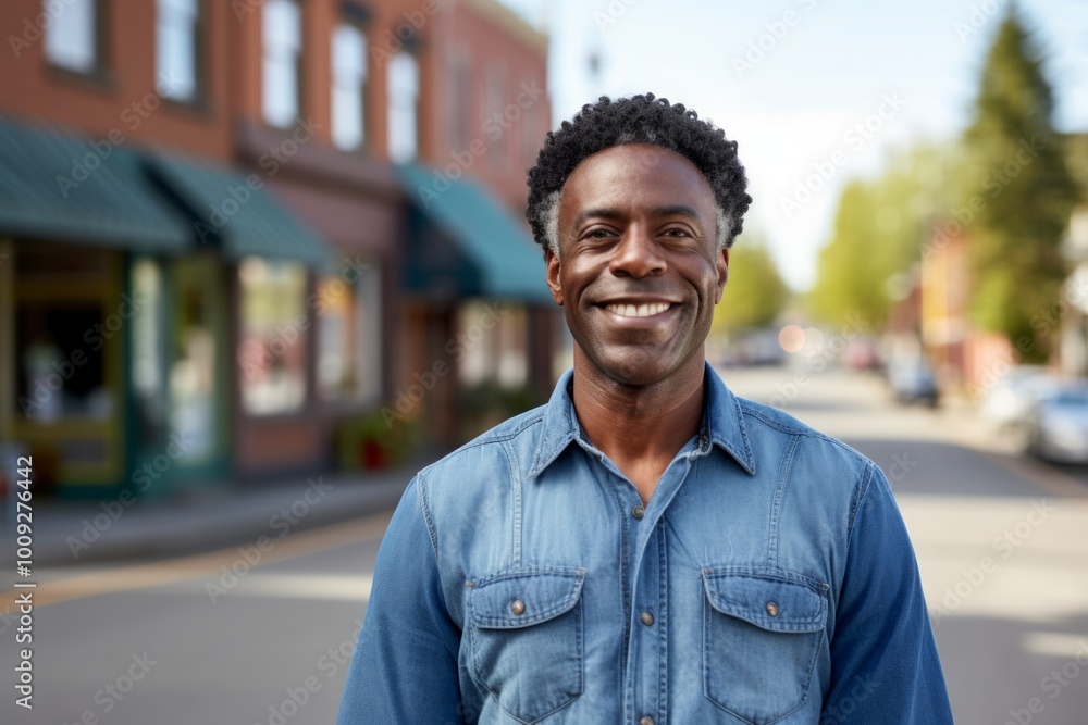 Portrait of a smiling afro-american man in his 50s sporting a versatile denim shirt in charming small town main street Portrait of a smiling afro-american man in his 50s sporting a versatile denim shirt in charming small town main street