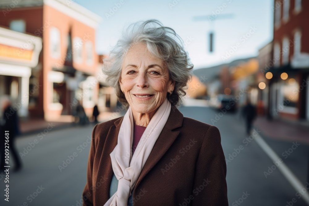 Portrait of a content woman in her 70s wearing a professional suit jacket isolated in charming small town main street Portrait of a content woman in her 70s wearing a professional suit jacket isolated in charming small town main street