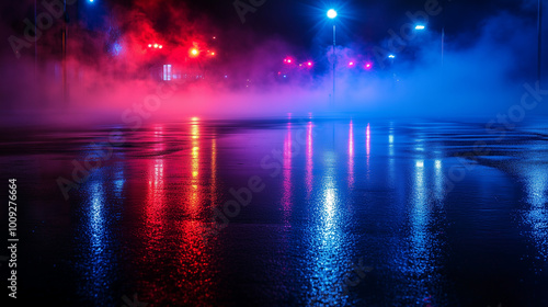 Wallpaper Mural Mokra powierzchnia asfaltowa w mrocznej ulicy odbija neonowe światła, tworząc niezwykle efektowną mozaikę kolorów. Torontodigital.ca