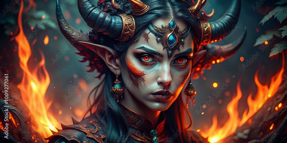 Enigmatic Demoness in Dark Fantasy Setting with Fiery Eyes and Intricate Horned Headpiece Enigmatic Demoness in Dark Fantasy Setting with Fiery Eyes and Intricate Horned Headpiece