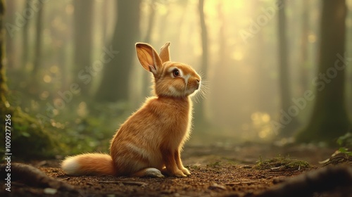 Enchanting Closeup of Curious Red Rabbit in Sunlit Forest - Dreamy Wildlife Image for Children's Books and Decor