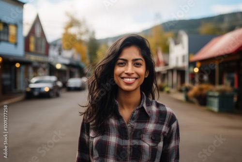 Portrait of a satisfied indian woman in her 20s wearing a comfy flannel shirt while standing against charming small town main street