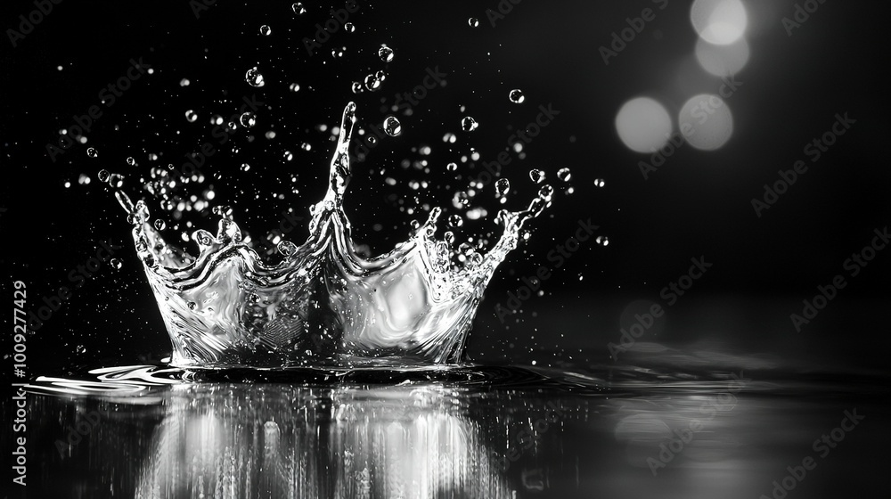 A black-and-white photo of water splashing on top of a black-and-white photo of a crown on a reflective surface A black-and-white photo of water splashing on top of a black-and-white photo of a crown on a reflective surface