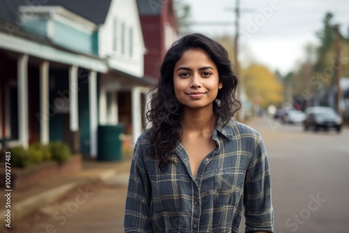 Portrait of a satisfied indian woman in her 20s wearing a comfy flannel shirt in front of charming small town main street