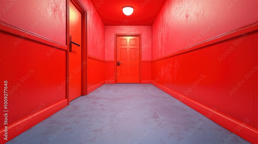 Vibrant red hallway with contrasting blue floor Vibrant red hallway with contrasting blue floor