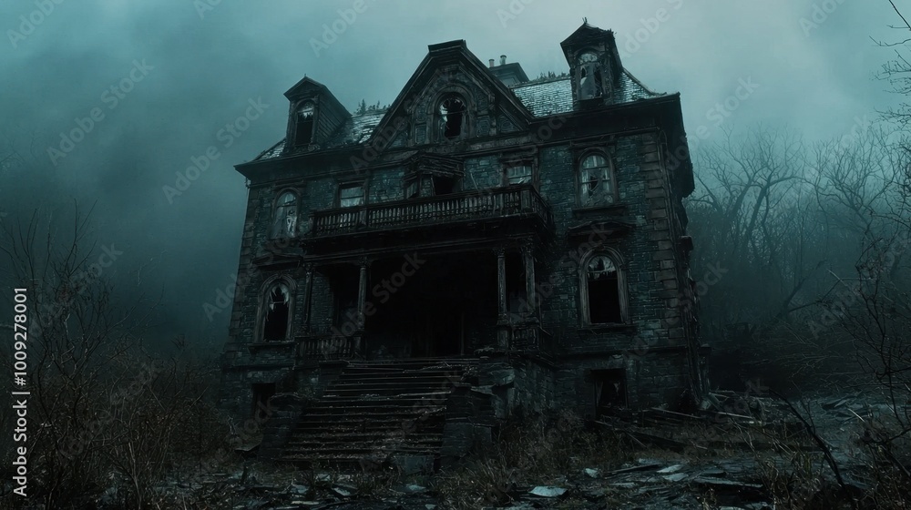 Eerie abandoned mansion shrouded in mist Eerie abandoned mansion shrouded in mist