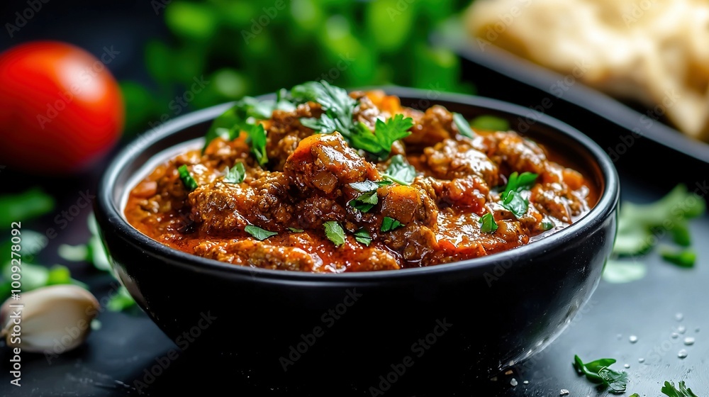 Close-up of a bowl of food on a table with tomatoes, garlic, and garlic bread in the background Close-up of a bowl of food on a table with tomatoes, garlic, and garlic bread in the background