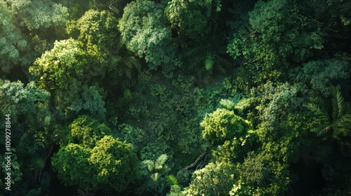 Aerial view of a dense forest with lush green trees, from a top down perspective. An aerial view of a dense jungle foliage with many different tree species, from a topdown view.