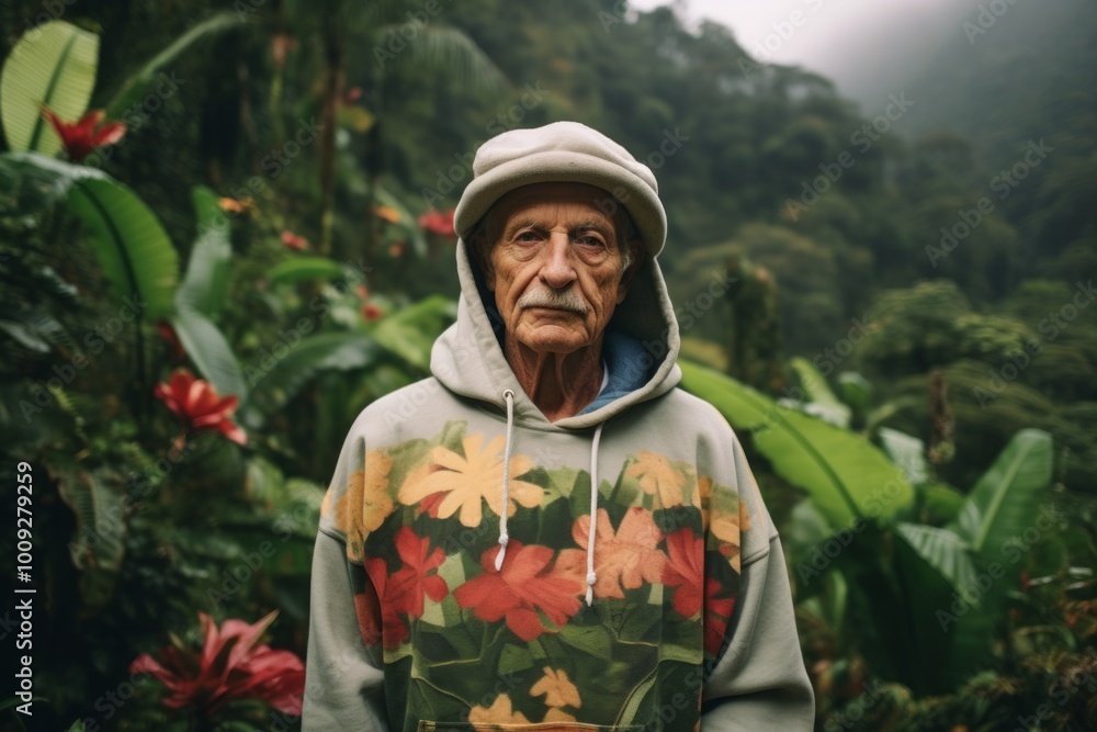 Portrait of a satisfied man in his 80s dressed in a comfy fleece pullover isolated on lush tropical rainforest Portrait of a satisfied man in his 80s dressed in a comfy fleece pullover isolated on lush tropical rainforest