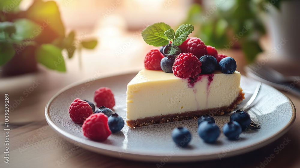 A piece of creamy cheesecake with a red strawberry sauce and mint leaves and blueberries. Food photography concept for advertisement, background. A piece of creamy cheesecake with a red strawberry sauce and mint leaves and blueberries. Food photography concept for advertisement, background.