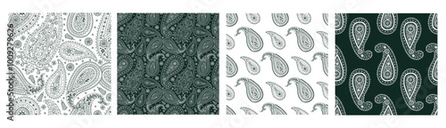 Set of 4 Indian floral patterns with abstract trailing flowers and leaves. Black and white Ethnic botanical scarf designs