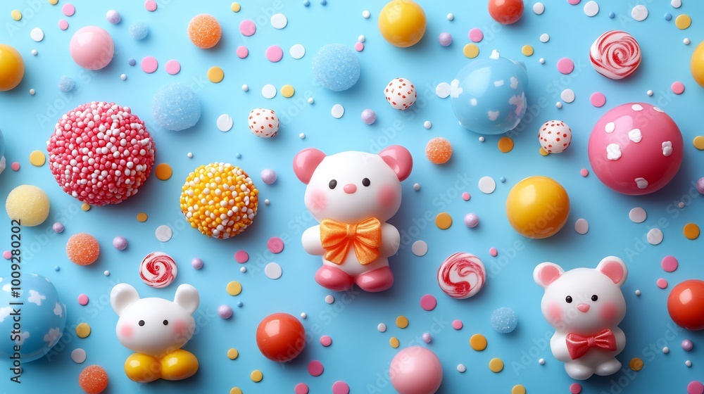 Playful cute background colorful candy confetti cartoon animals perfect for children's parties or playful designs Playful cute background colorful candy confetti cartoon animals perfect for children's parties or playful designs