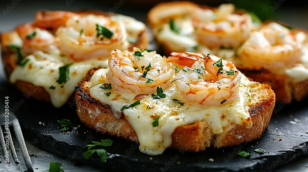 A macro of crusty bread adorned with succulent shrimp atop a platter, accompanied by a fork A macro of crusty bread adorned with succulent shrimp atop a platter, accompanied by a fork