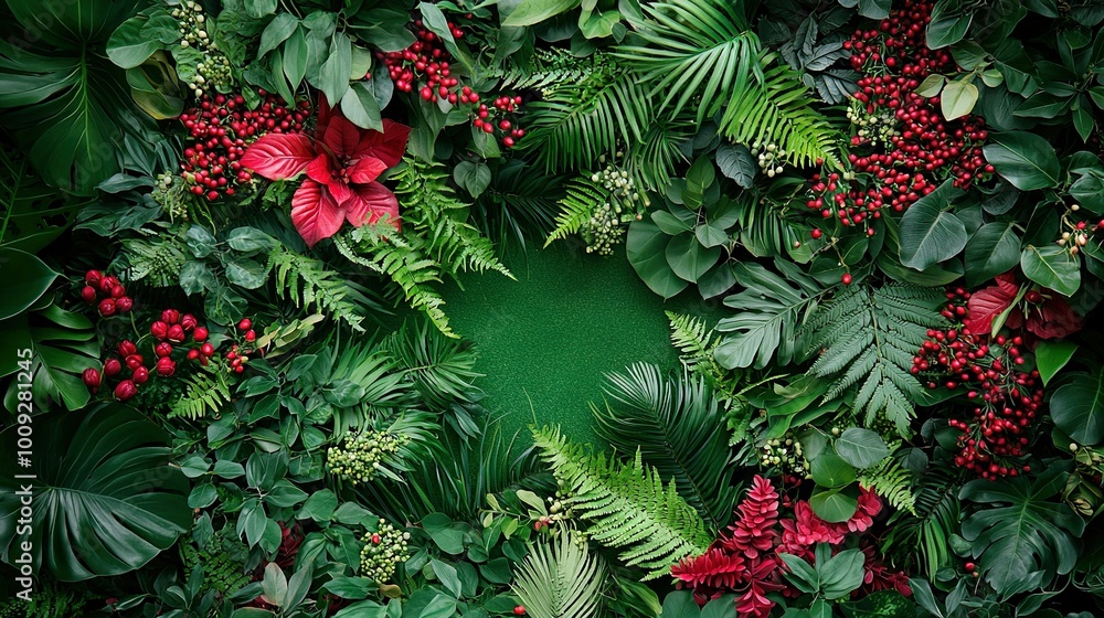 A lush wall adorned in vibrant greenery and red blossoms, encompassing a verdant circle surrounded by succulent red fruit and foliage A lush wall adorned in vibrant greenery and red blossoms, encompassing a verdant circle surrounded by succulent red fruit and foliage