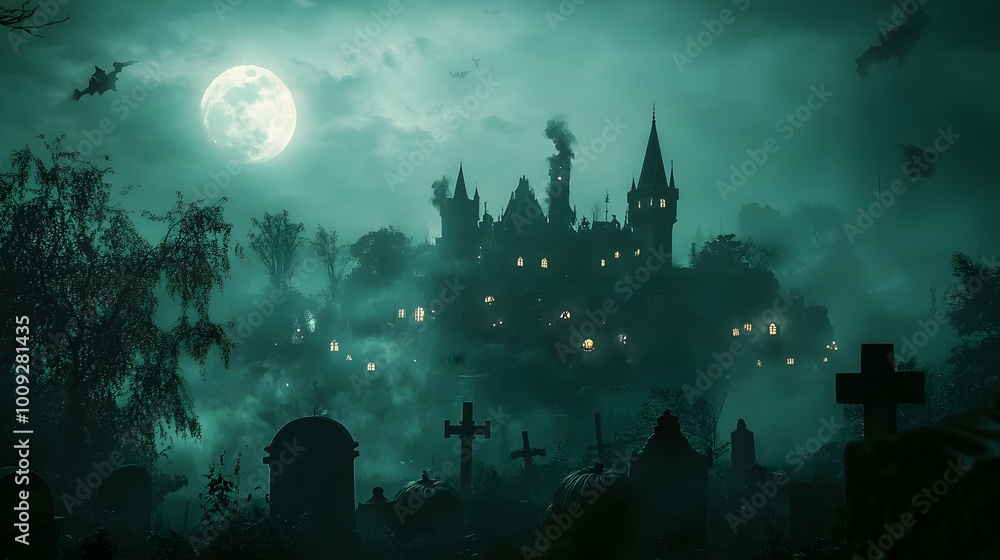 Eerie Nightscape with Haunted Castle and Graveyard Eerie Nightscape with Haunted Castle and Graveyard