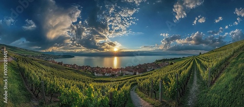 Fototapeta Naklejka Na Ścianę i Meble -  Sunset Over Vineyards and Lake