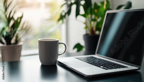 Tranquil Home Office with a Cup of Coffee and Laptop