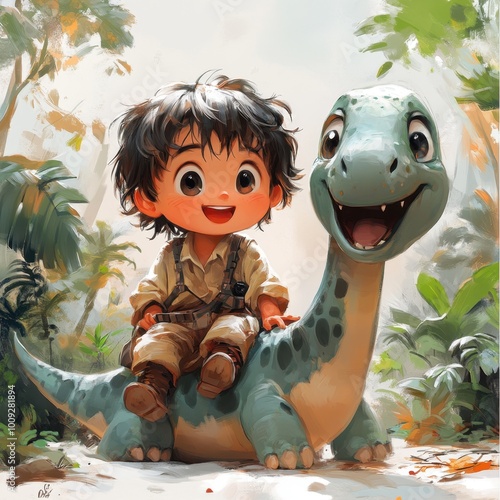 A cartoon character of a small boy joyfully riding on a big Brachiosaurus - A giant herbivore with a long neck and longer front legs, used to reach high vegetation. both centered on a white  photo