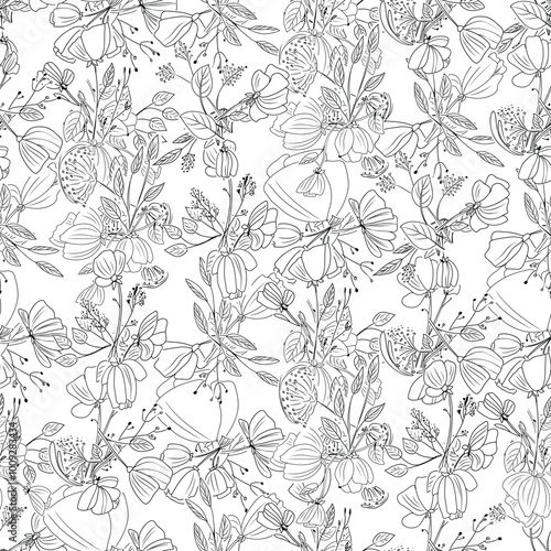 Wallpaper Mural An Abstract Seamless Pattern Featuring Black outline flowers on a Clean White Background Torontodigital.ca