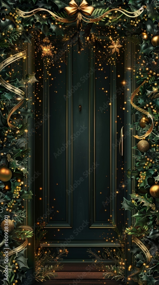 This festive garland of evergreen branches, red berries, and pine cones, beautifully decorated with golden ribbons and twinkling lights, graces a rustic wooden door This festive garland of evergreen branches, red berries, and pine cones, beautifully decorated with golden ribbons and twinkling lights, graces a rustic wooden door