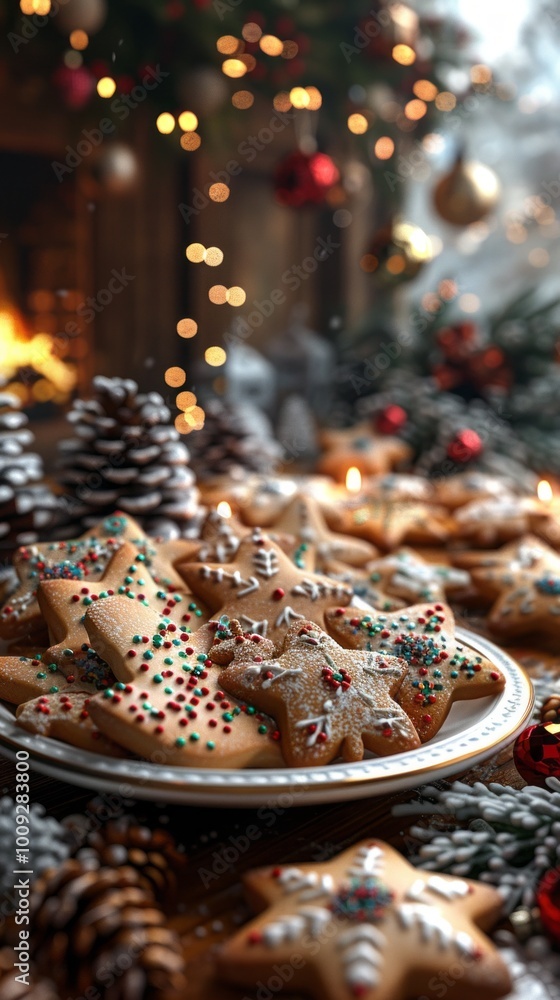 A joyful scene featuring a plate of star-shaped Christmas cookies, beautifully decorated with vibrant icing and sprinkles, placed on a table with holiday ornaments and a warm fireplace behind A joyful scene featuring a plate of star-shaped Christmas cookies, beautifully decorated with vibrant icing and sprinkles, placed on a table with holiday ornaments and a warm fireplace behind