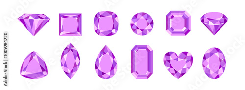 Purple gemstones of different shapes isolated on white background. Amethyst crystals set. Vector cartoon flat illustration.