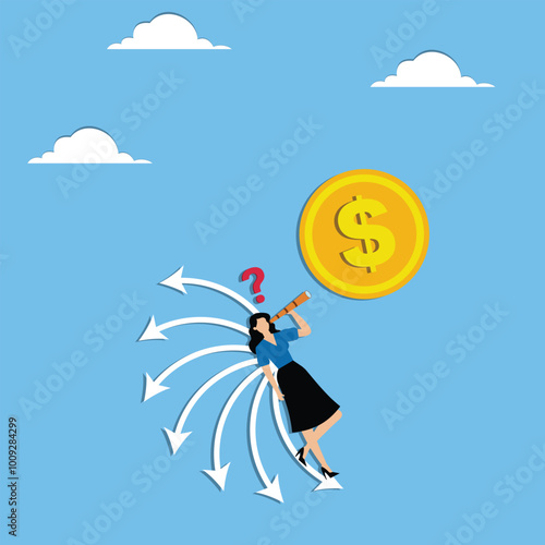Businesswoman contemplates while holding money coins, thinking question of where to invest for profit. Concept of pay off debt, financial decision making, and make best choice
