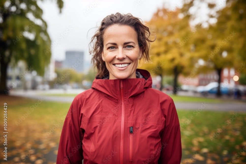 Fototapeta premium Portrait of a happy woman in her 40s wearing a windproof softshell isolated in vibrant city park