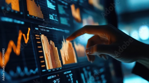 A close-up of a hand interacting with a digital financial dashboard displaying graphs.