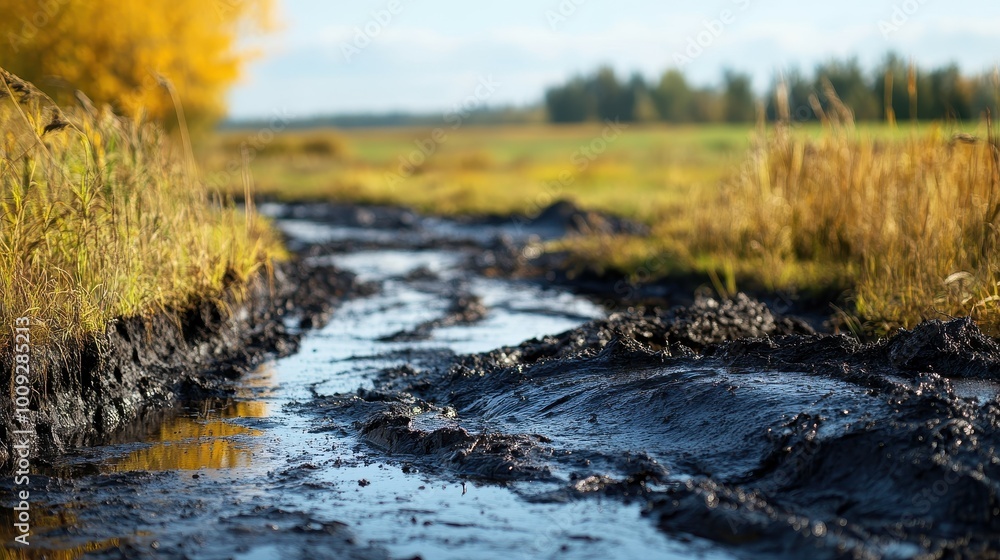 A close-up of muddy puddles on a rural road. A close-up of muddy puddles on a rural road.