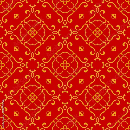 red, gold, china, fabric abstract seamless pattern. design for background, wallpaper, carpet, clothing, batik, textile, embroidery, sarong, interior decoration, floor, curtain, printing