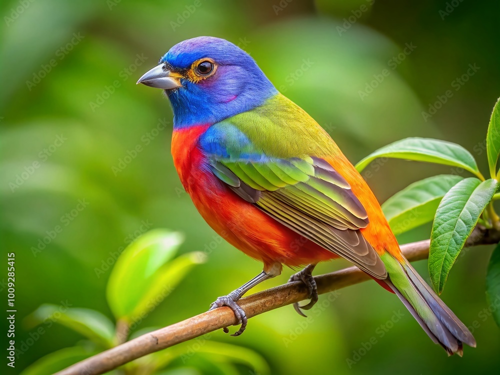 Female Painted Bunting Perched on a Branch in Natural Habitat with Green Foliage Background Female Painted Bunting Perched on a Branch in Natural Habitat with Green Foliage Background