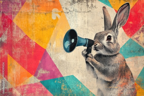 A rabbit holding a horn in its mouth, unusual scene