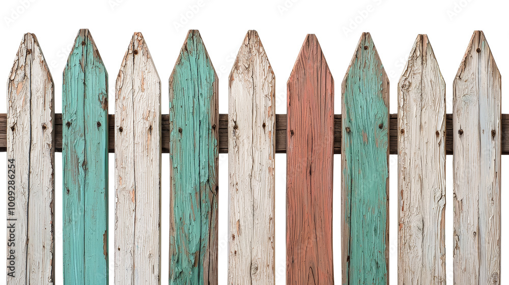 Fototapeta premium Colorful wooden fence with weathered paint, white isolated background.