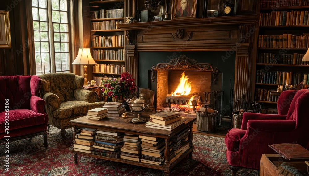 Cozy and Inviting Rustic Library with Fireplace Cozy and Inviting Rustic Library with Fireplace